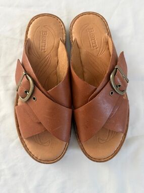 Born Women's Tan Leather Crossover Slip-On Mules with Buckle